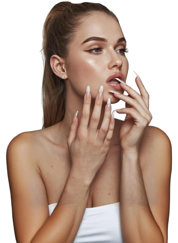 Ella Nail Spa Portrait female model with manicure with long nails touching lips looking away studio